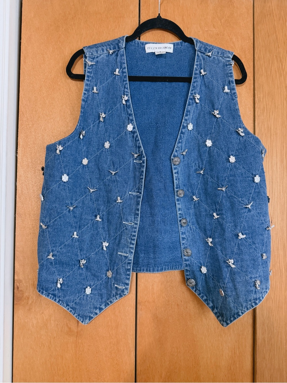 Vintage Ellen Richman Embellished Denim Button-Front Vest - Blue